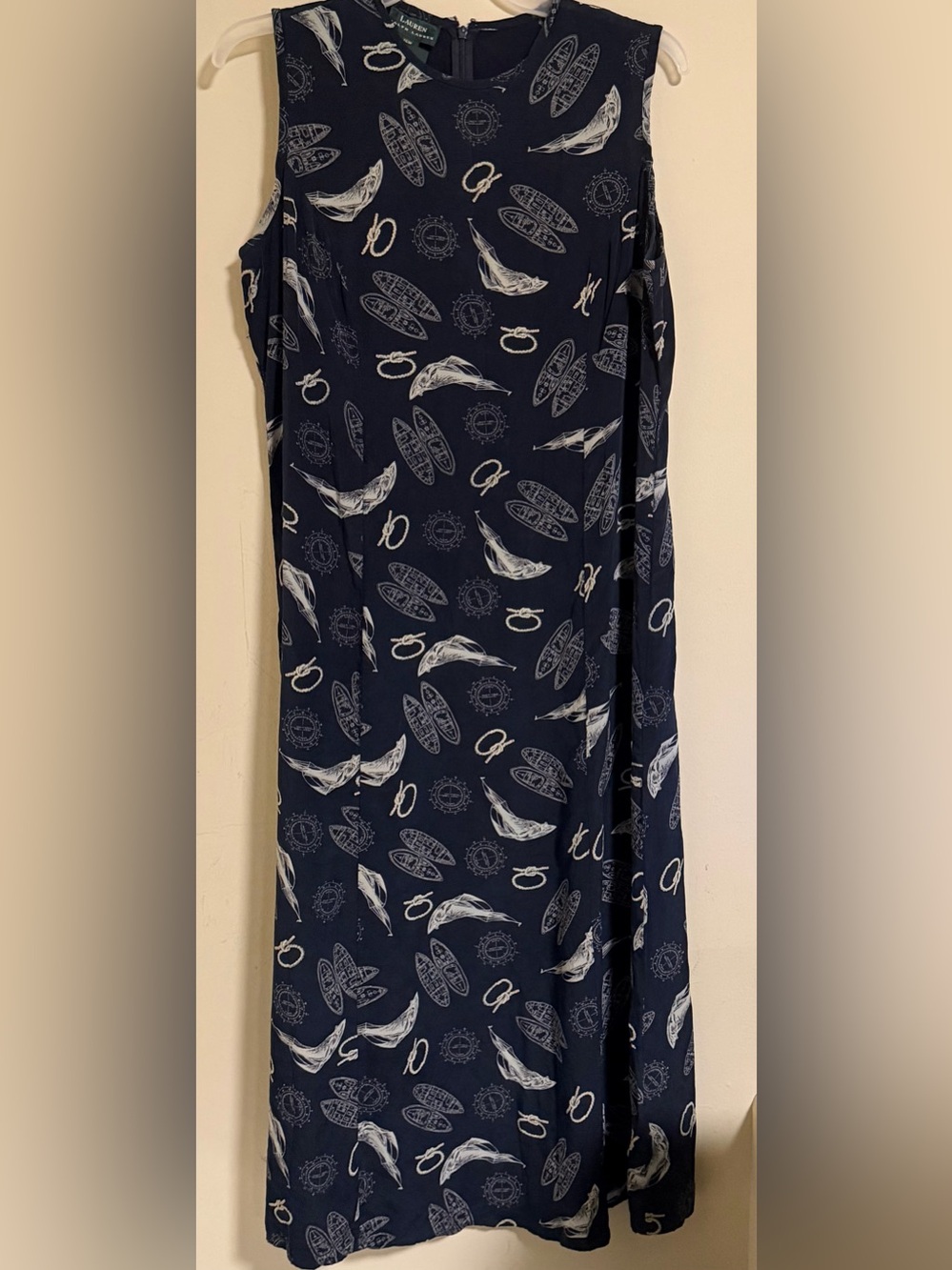 Lauren Ralph Lauren Navy Blue Silk Nautical Maxi Dress Yacht Beach Sailboat 16W